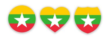 Myanmar ulusal bayrağı daire şeklinde, kalp ve kalkan beyaza izole edilmiş. Görüntü