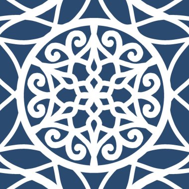 Koyu mavi arkaplan üzerine karmaşık beyaz mandala süslemesi ve Girdap Çiçeği Motifi ve Simetrik Dairesel Desen Tasarımı. Görüntü