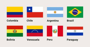 Güney Amerika ülkelerinin bayraklarının altında Kolombiya, Şili, Arjantin, Brezilya, Bolivya, Venezuela, Peru ve Paraguay 'ın isimleri yer alıyor.