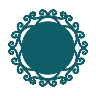 Beyaz Arkaplanda izole edilmiş Teal Renginde Zarif Girdap ve Parşömenli Dekoratif Çerçeve. İllüzyon. Beyazda izole edilmiş