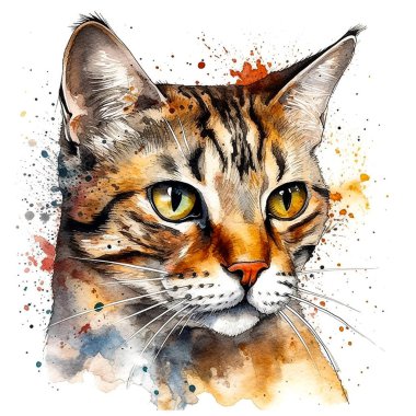 Suluboya sıçrayan bir kedi portresi. Beyaz arkaplanda dijital resim.