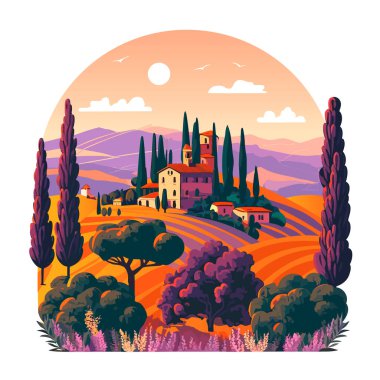Toskana 'nın manzarası. İtalya. Düz biçimli vektör illüstrasyonu