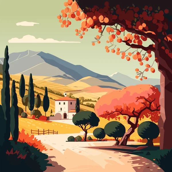 Pemandangan Tuscany Italia Ilustrasi Vektor Dalam Gaya Datar - Stok Vektor