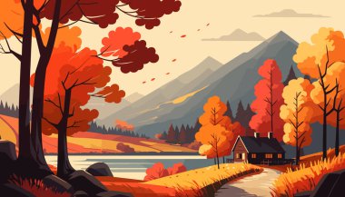 Gölü, ormanı ve evi olan sonbahar manzarası. Vektör illüstrasyonu.