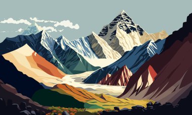 Dağ zirvesi Everest. Dünyanın en yüksek dağı. Ulusal Park, Nepal. Vektör illüstrasyonu.