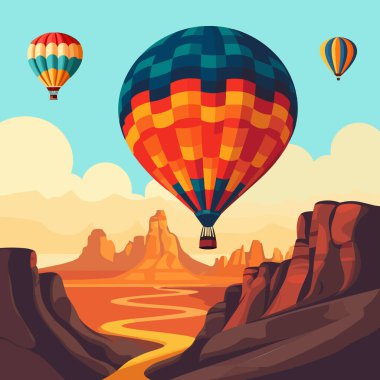 Cappadocia 'nın üzerinde sıcak hava balonları var. Düz biçimli vektör illüstrasyonu.