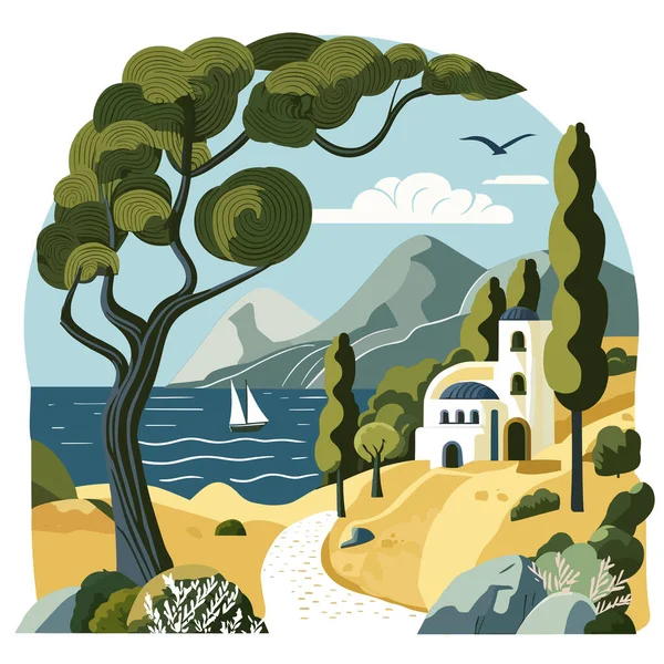 Grèce Affiche Voyages Bâtiments Grecs Blancs Avec Toits Bleus Église — Image vectorielle
