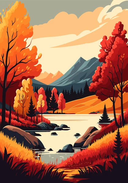Autumn landscape with lake, mountains, and forest. Vector illustration.