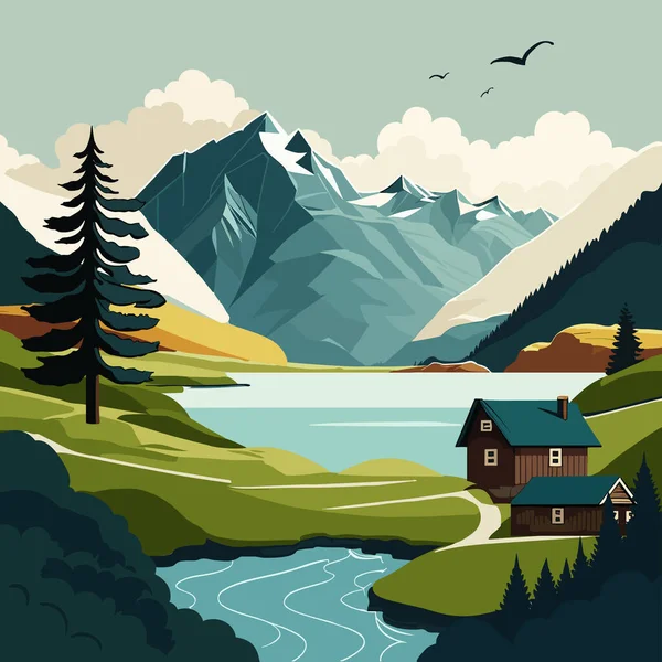 Bentang Alam Gunung Dengan Danau Dan Rumah Kayu Ilustrasi Vektor - Stok Vektor