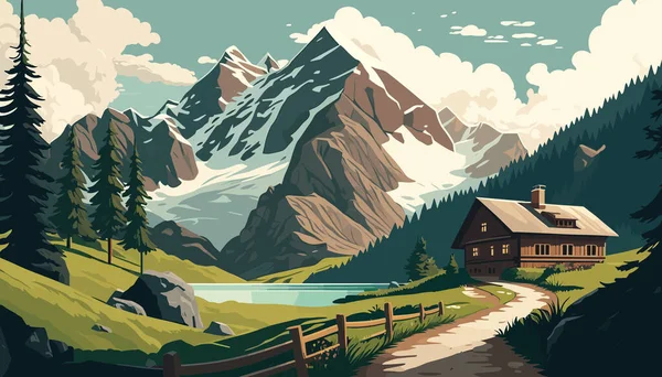 Bentang Alam Pegunungan Dengan Rumah Kayu Dan Danau Ilustrasi Vektor - Stok Vektor