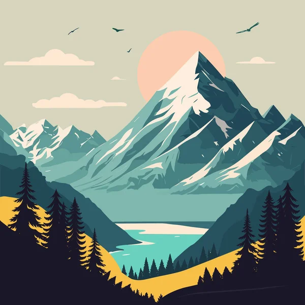 Mountain landscape with lake and forest. Vector illustration in flat style