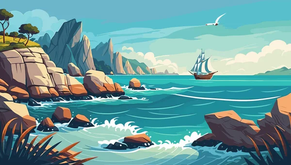 Laut Dengan Batu Dan Kapal Layar Ilustrasi Kartun Vektor - Stok Vektor