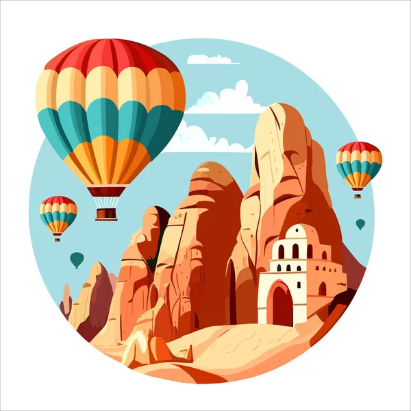 Cappadocia 'nın üzerinde sıcak hava balonları var. Türkiye 'de macera yolculuğu kavramı vektör illüstrasyonu.