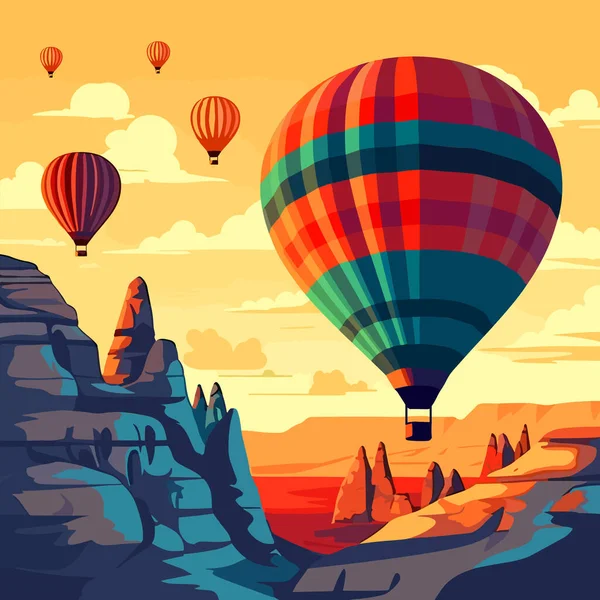 Hőlégballonok Cappadocia Sziklák Felett Kalandutazás Törökországban Koncepció Vektor Illusztráció — Stock Vector