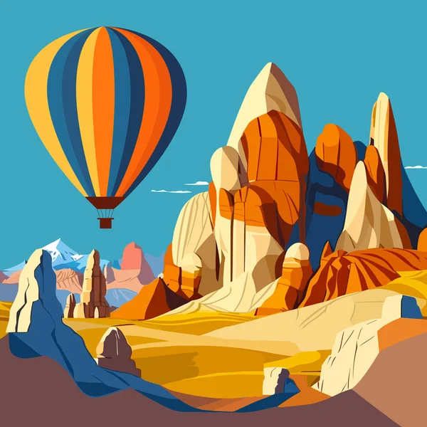 Balão Quente Voando Sobre Paisagem Deserto Arenito Turquia Capadócia Ilustração — Vetor de Stock