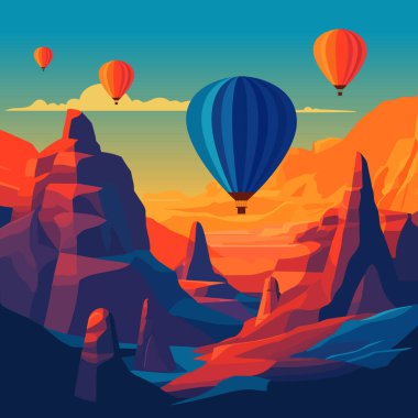 Cappadocia 'nın üzerinde sıcak hava balonları var. Türkiye 'de macera yolculuğu kavramı vektör illüstrasyonu.