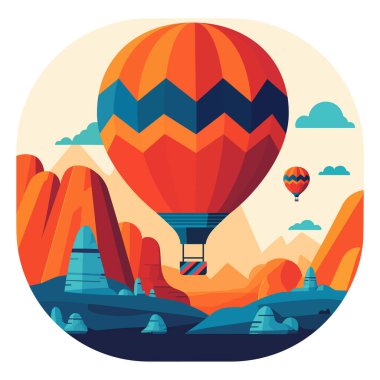 Cappadocia 'nın üzerinde sıcak hava balonları var. Türkiye 'de macera yolculuğu kavramı vektör illüstrasyonu.