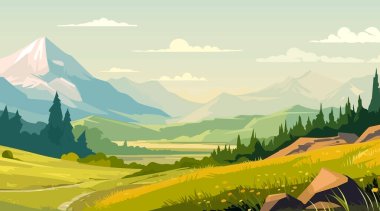 Mountains and meadows landscape. Vector illustration in flat style. clipart