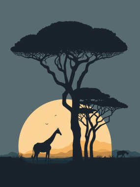 Ağaçlı Afrika manzarası ve zürafa silueti vektör illüstrasyon grafik tasarımı