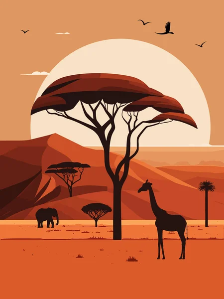 Αφρικανική Σαβάνα Τοπίο Καμηλοπάρδαλη Δέντρα Και Πουλιά Διανυσματική Απεικόνιση — Διανυσματικό Αρχείο