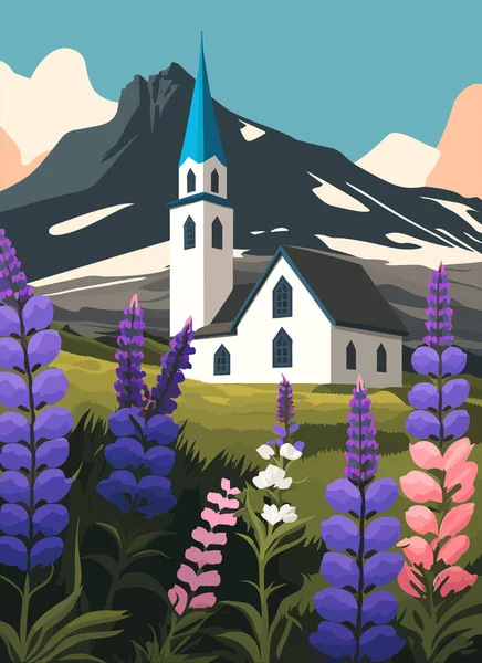 Kirche Und Lupinenblumen Den Bergen Vektorillustration — Stockvektor
