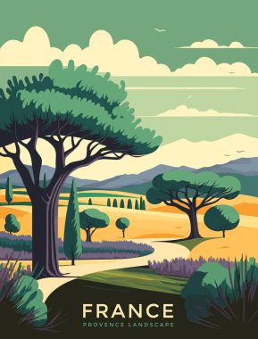 Fransa 'daki Provence' ın güzel manzarası. Düz biçimli vektör illüstrasyonu.