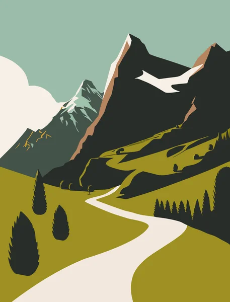 Schweiz Landskap Bergslandskap Med Väg Och Skog Vektorillustration Platt Stil — Stock vektor