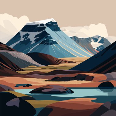 İzlanda 'nın güzel manzarası. Dağlar ve göl. Dağ manzarası. Düz biçimli vektör illüstrasyonu