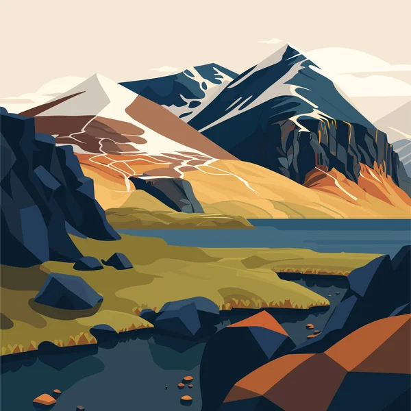 Piękny Krajobraz Islandii Krajobraz Górski Jeziorem Górami Ilustracja Wektora Stylu — Wektor stockowy
