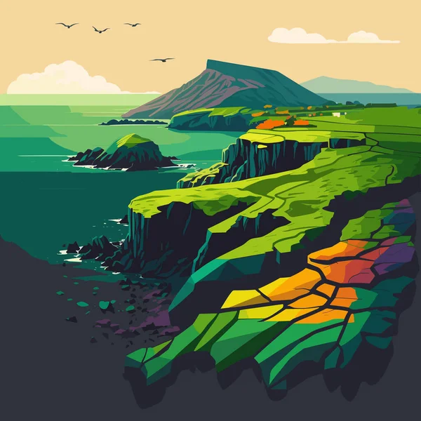 Ιρλανδία Όμορφη Ιρλανδική Ύπαιθρο Σμαραγδένια Πράσινα Πεδία Και Λιβάδια Vector — Διανυσματικό Αρχείο
