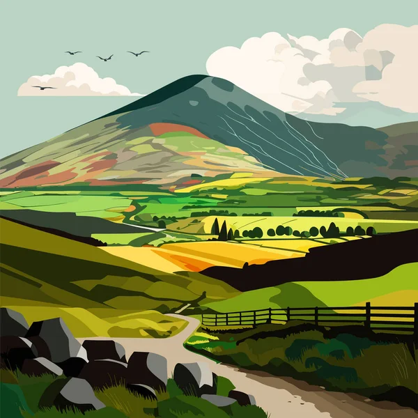 Irland Vacker Irländsk Landsbygd Med Smaragdgröna Fält Och Ängar Vektorillustration — Stock vektor