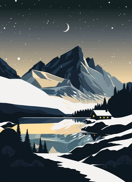 Montanhas Lago Noite Ilustração Vetorial Estilo Plano —  Vetores de Stock