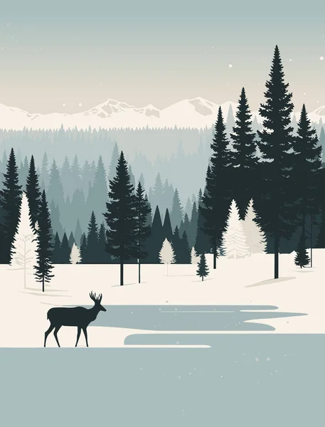 Зимний Пейзаж Лесом Оленями Векторная Иллюстрация Плоском Стиле — стоковый вектор