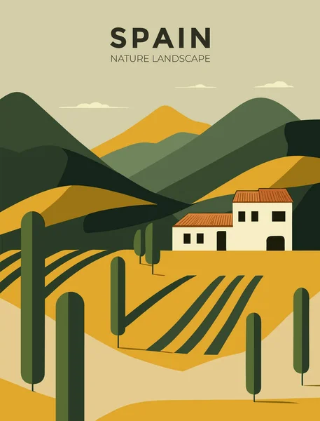 Vector Illustratie Van Het Spaanse Platteland Landelijk Landschap Met Velden — Stockvector