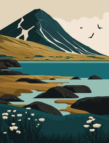Пейзаж Горами Озером Векторная Иллюстрация Стиле Ретро — стоковый вектор
