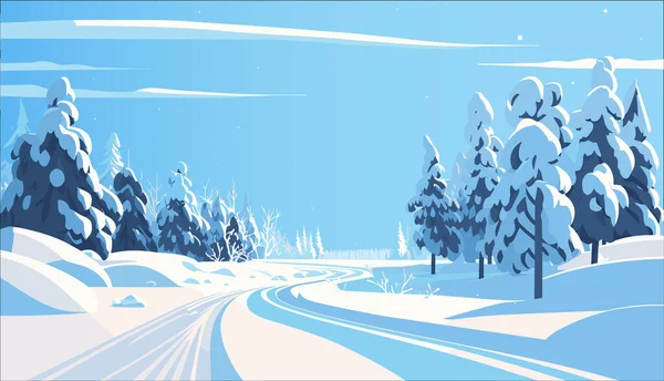 Зимняя Дорога Лесу Зимний Пейзаж Векторная Плоская Иллюстрация — стоковый вектор