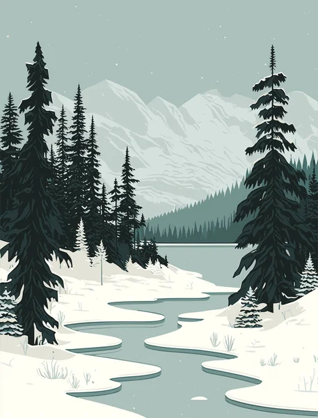 Canada Paesaggio Invernale Con Abeti Fiumi Montagne Illustrazione Vettoriale — Vettoriale Stock