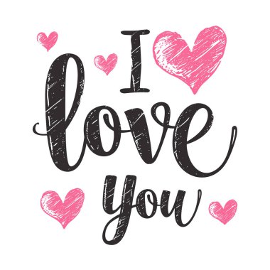 Ben de seni seviyorum. Sevgililer Günü tebrik kartı ve el yazması harfler. Vektör illüstrasyonu.