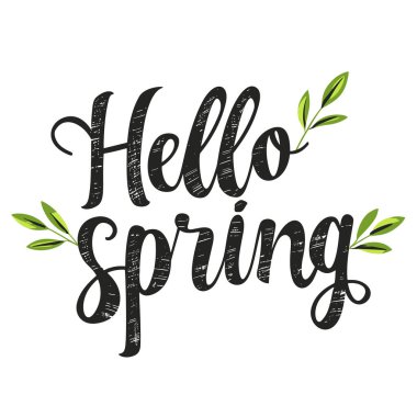Merhaba Spring. Beyaz arka planda el yazması harfler izole edilmiş. Vektör illüstrasyonu.