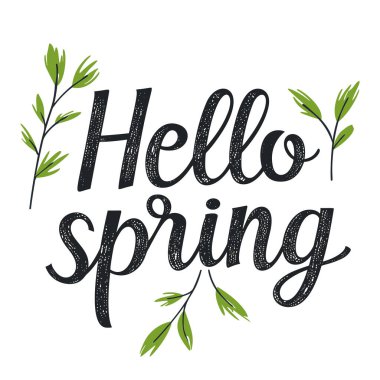 Merhaba Spring. Beyaz arka planda el yazması harfler izole edilmiş. Vektör illüstrasyonu.