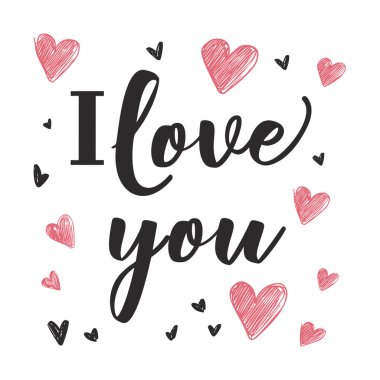 Ben de seni seviyorum. Sevgililer Günü tebrik kartı ve el yazısıyla yazılmış mektuplar. Vektör illüstrasyonu.