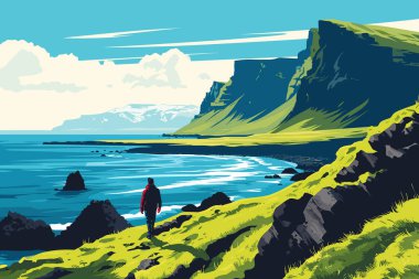 Faroe Adaları kıyısında yürüyen bir adam. Vektör illüstrasyonu