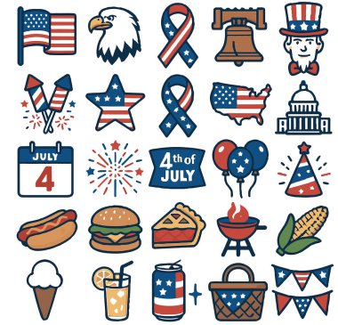 4 Temmuz Bağımsızlık Günü 'nü vatansever ikonlar ve bayram öğeleriyle kutlayın.