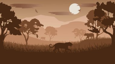 Öğleden Sonra Savana 'daki Aslanlar - Güzel 2D Peyzaj Vektörü