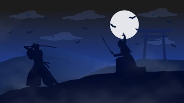 Gecenin ortasında İki Samuray Dövüşüyor - Güzel 2D Peyzaj Manzarası Siluet Duvar Kağıdı