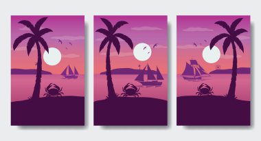 Sabah Limanda Kumda Yürüyen Yengeçler - Siluet Tasarım Seti, Güzel 2B Peyzaj Duvar Kağıdı Seti