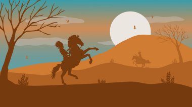 Apaçi Kızılderili Ata Biniyor - 2 Boyutlu Güzel Görüntü Silueti Duvar Kağıdı