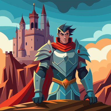 cartoon character with a sword in the middle of the ancient fortress. vector flat style. clipart