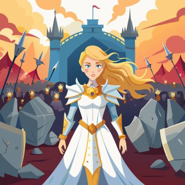 a girl in a medieval armor stands on a background of the castle. cartoon style. clipart