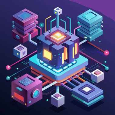 isometric electronic circuit with electronic system. computer technology concept. vector illustration. clipart